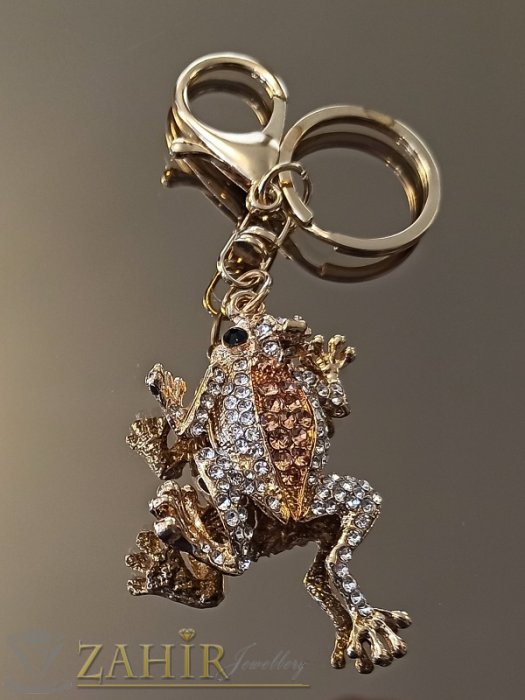 Аксесоари за коса - Изящно изработена кристална жаба талисман 6 на 3 см с коронка, бели и кехлибар циркони на позлатен ключодържател 12 см - KL1135
